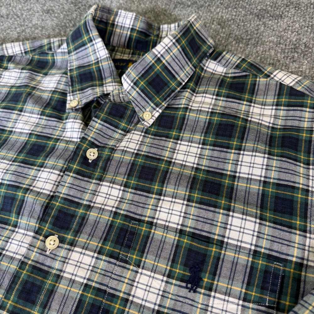 Ralph Lauren Button Down Shirt Mens Large Plaid Cotton Regular Green Navy